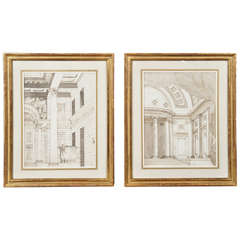 A Pair of Fine 19th c. Architectural Interior Pen & Ink Drawings