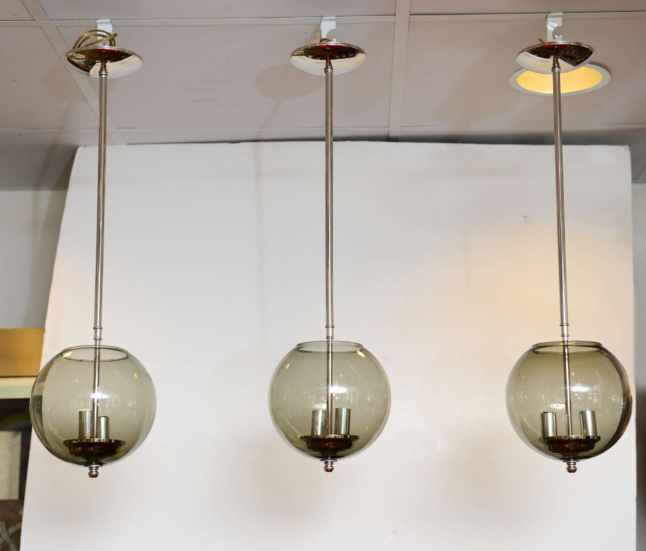 Set of Three Smoked Glass Globe Pendant Lights