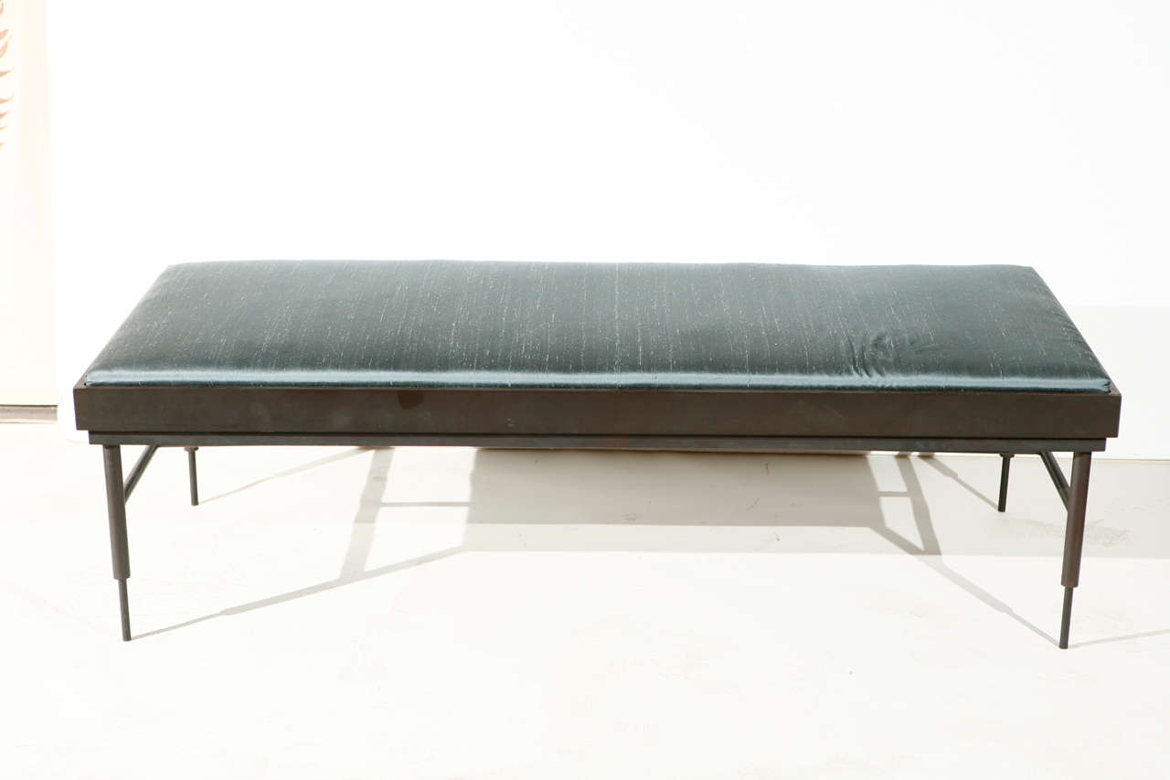 pair of bronze frame benches with dupioni silk seat cushion