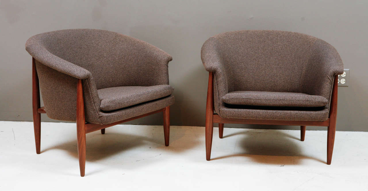 Pair of Danish Teak Drum Chairs w/ new wool blend upholstery.