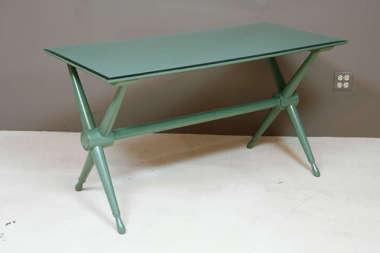 Solid Maple Lacquered Writing Desk or Hall Trestle Table w/ mitered glass top.