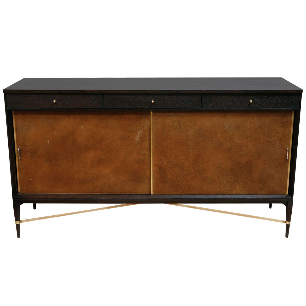 Walnut Paul McCobb Cabinet with Leather Sliding Doors and Brass Base