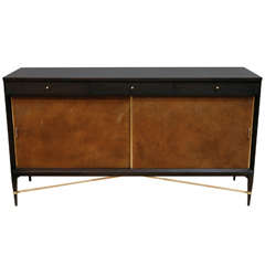 Walnut Paul McCobb Cabinet with Leather Sliding Doors and Brass Base