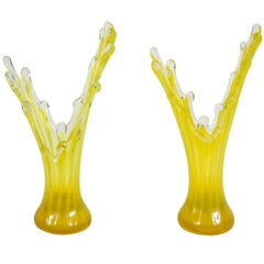 Pair of Vintage Handblown Yellow Art Glass Vases