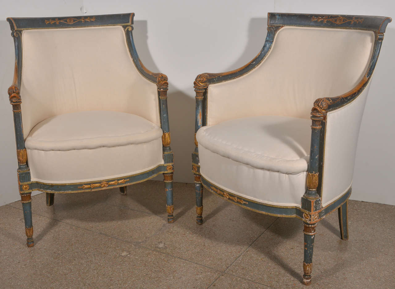 Neoclassical Revival Pair  Swedish  Painted  and Carved Upholstered Bergeres For Sale