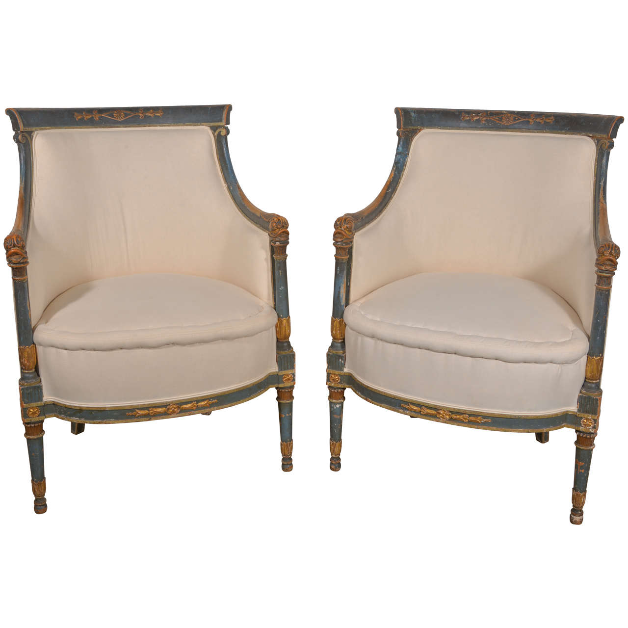 Pair  Swedish  Painted  and Carved Upholstered Bergeres For Sale