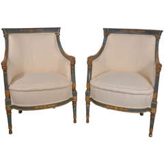 Pair  Swedish  Painted  and Carved Upholstered Bergeres