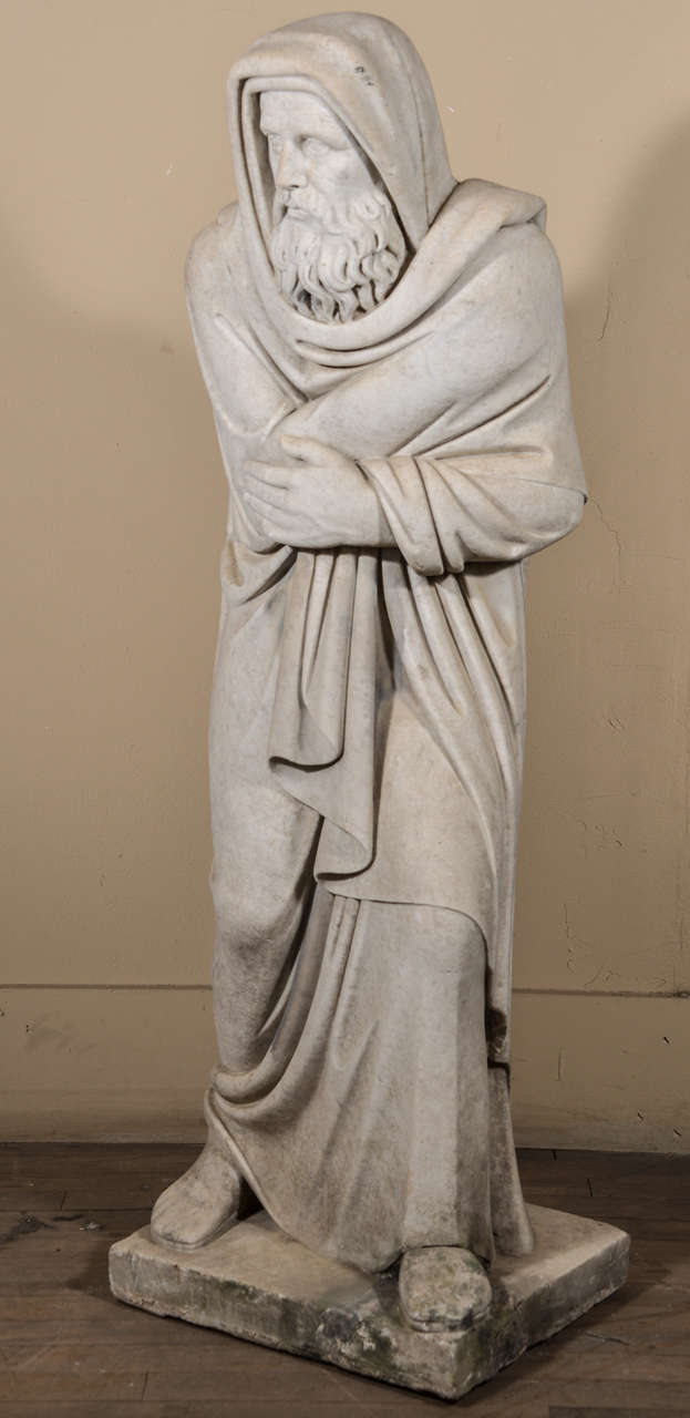 Italian Carrara marble statue, a figural representation of the season winter, marked INVERNO at its base.