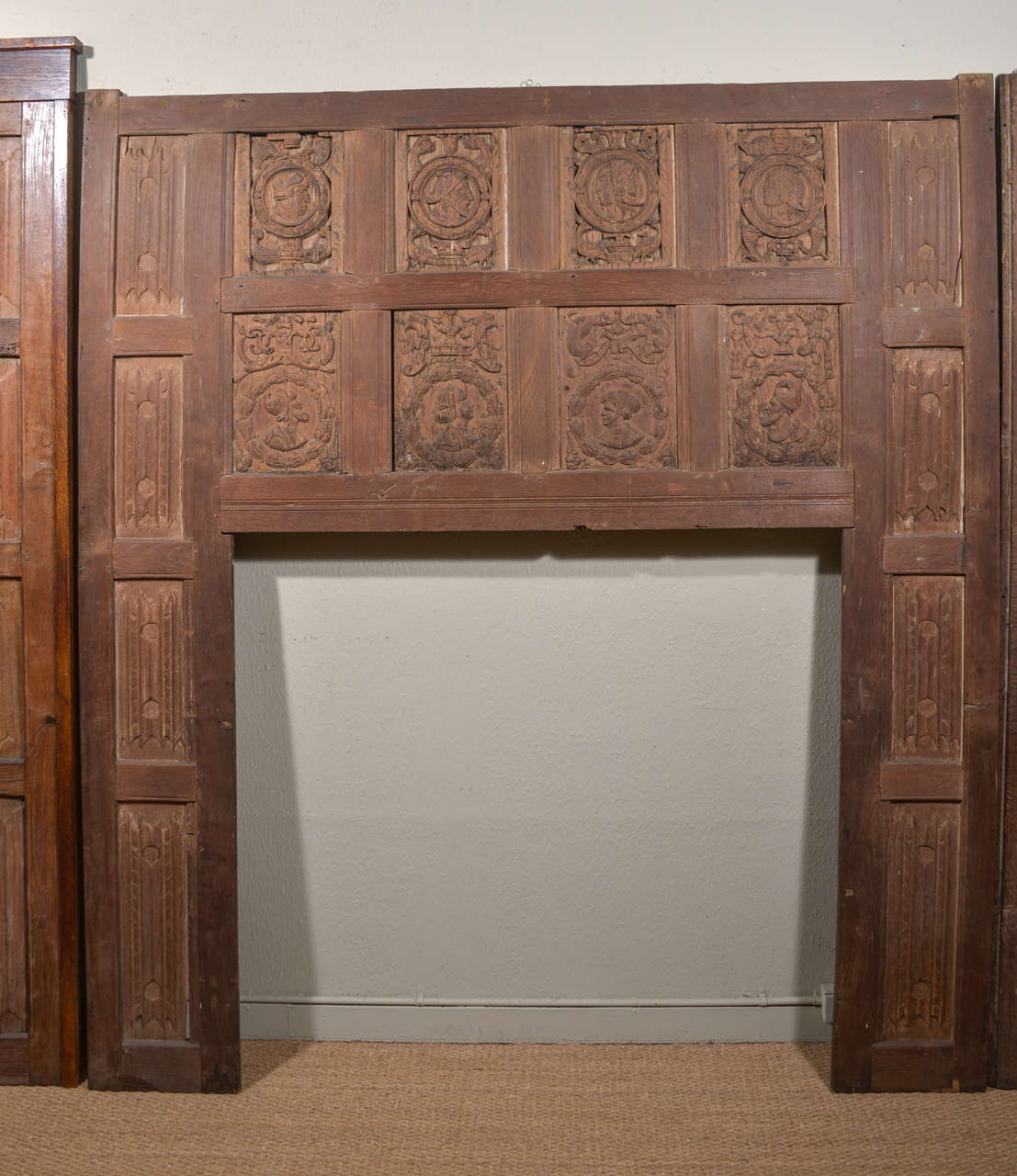 Set of 11 Elizabethan Period carved wooden boiserie panels, circa 1543-1600, originally from the royal residence at the Old Priory Manor in Dartford, Kent.

Panels measure:

29 1/2