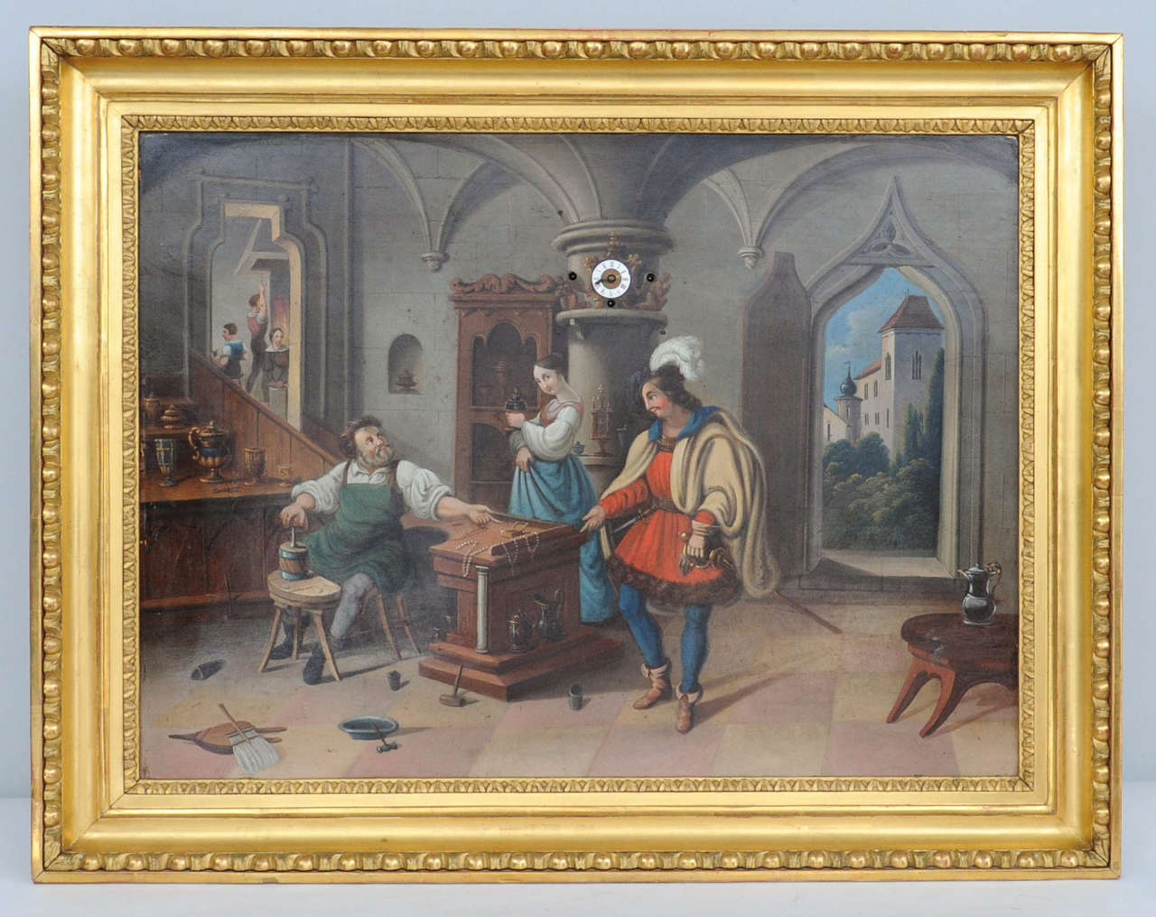 A good Austrian picture frame clock with the music box signed 'Rzebitscher, Prag'. The unusual painting is on metal and is an interior scene. The complex scene depicts the interior of a jeweler's shop where, in the foreground, a jeweler and