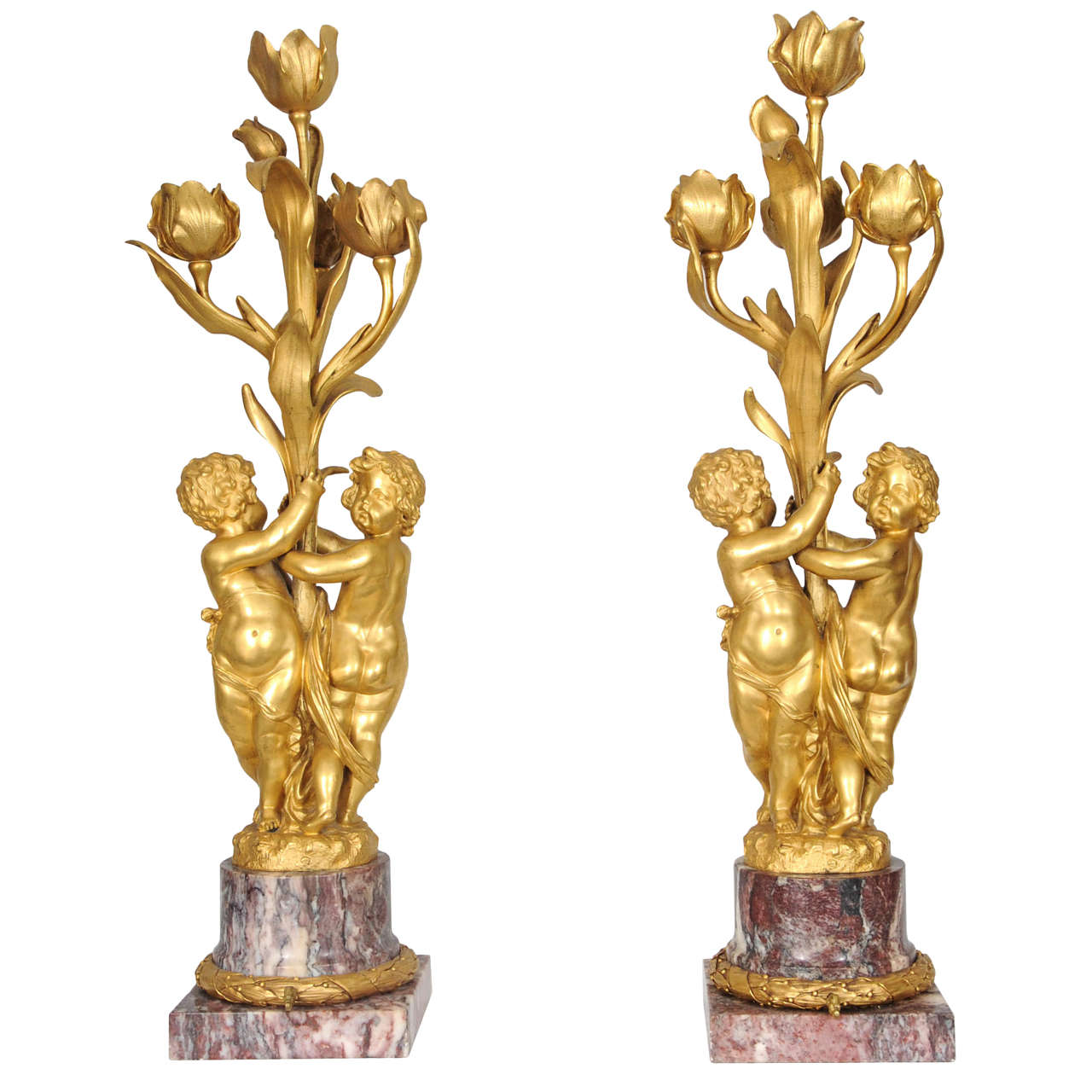 A Pair Of Large Gilt Bronze And Marble Figural Lamps, Circa 1900. For Sale