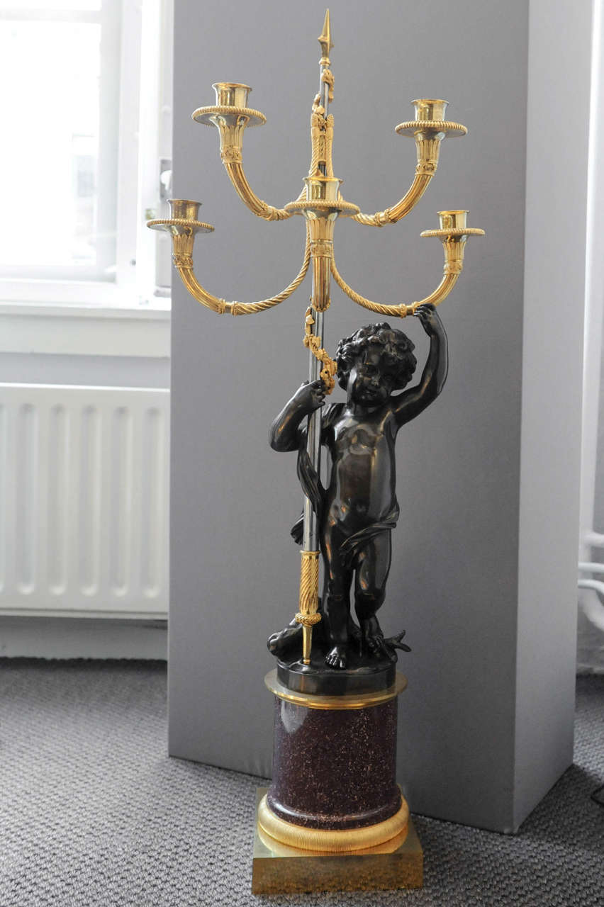 A pair of French gilt and patinated bronze 5-light candelabra on porphyry base 2