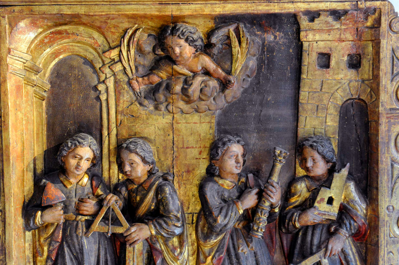Renaissance Spanish Polychrome and Gilt Oak High Relief with the Quattro Coronati