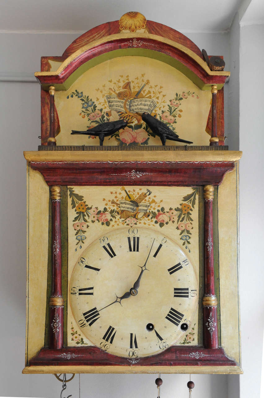 Wood Polychrome Animated Black Forest So-Called 'Flötenuhr' Wall Clock For Sale