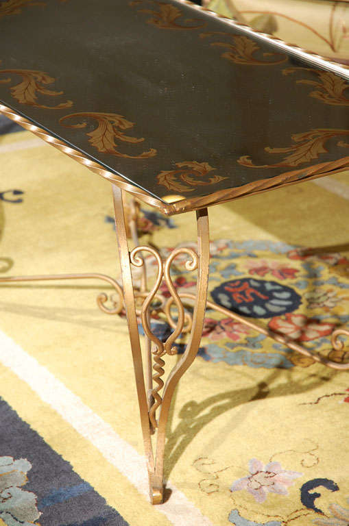 Art Deco Wrought Iron Coffee Table in Gold Leaf and Mirrored Top, France, circa 1930s For Sale