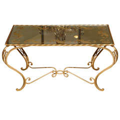 Retro Wrought Iron Coffee Table in Gold Leaf and Mirrored Top, France, circa 1930s