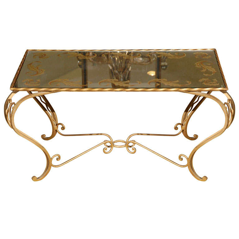 Wrought Iron Coffee Table in Gold Leaf and Mirrored Top, France, circa