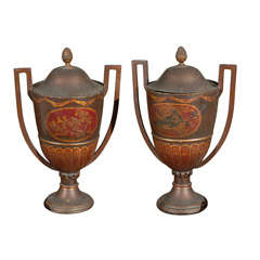 A Pair of French Tole Chestnut Urns with Covers