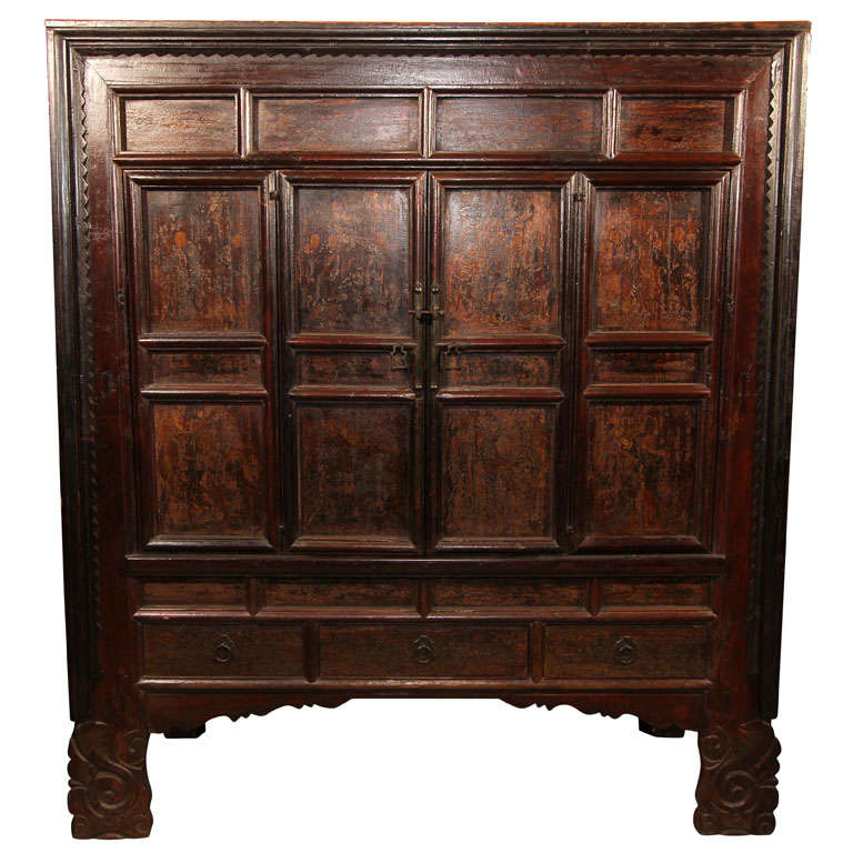 Chinese Lacquered Elm Wood Cabinet