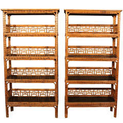 Antique Pair: Chinese Bamboo & Lacquered Wood Bookcases