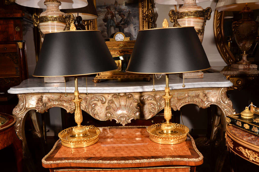 Gilt 19th c pair of French signed Bouillette  lamps