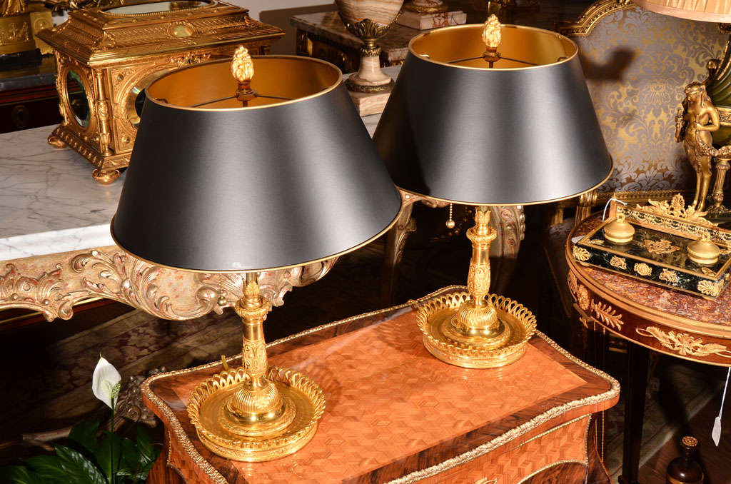19th c pair of signed French bronze dore Bouillotte lamps