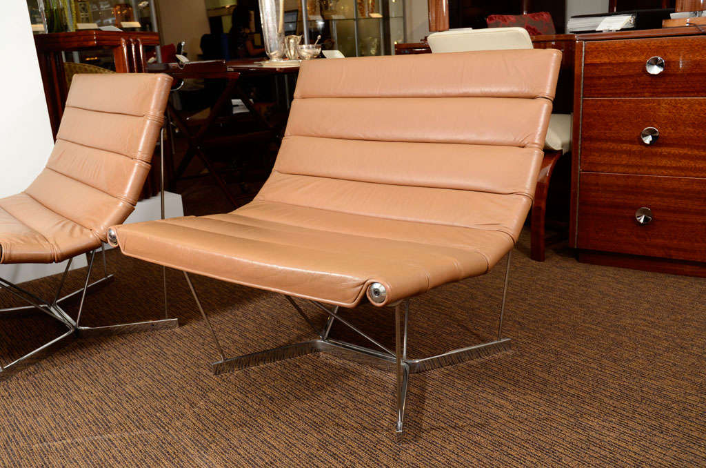 A pair of George Nelson polished steel and leather catenary medium brown chairs for Herman Miller.  Model 6380, designed in 1962.  Price is for pair.
