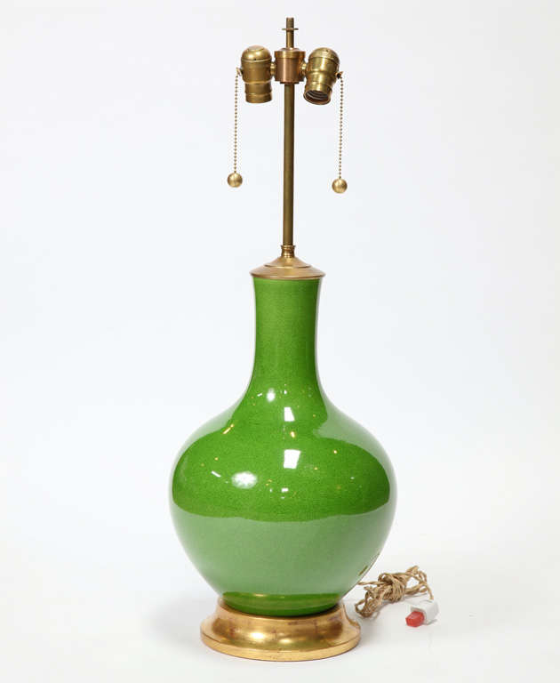 Large Vibrant Green Crackle Porcelain Lamps With Water Gilt Base