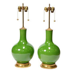 Large Vibrant Green Crackle Porcelain Lamps With Water Gilt Base