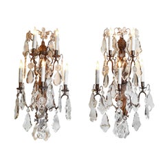 Large Pair Louis XV Crystal Bronze Wall Sconces
