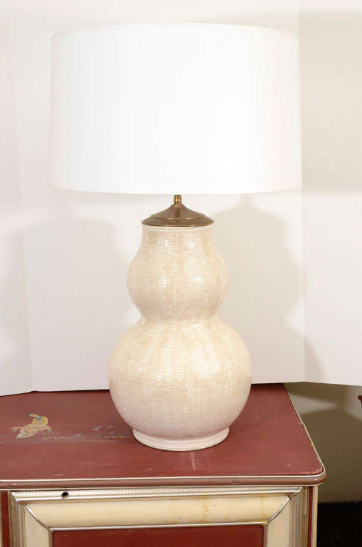Large, double gourd form hand-thrown lamps will add texture and light to all decors.   Speckled beige on cream in a beautiful linen design.

First height is from base to finial - finial adjusts in range to bring overall height to between 30 and