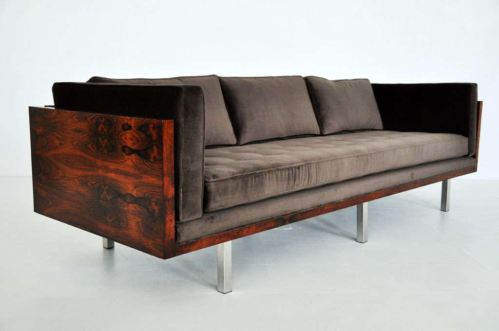 Rosewood case sofa by Milo Baughman for Thayer-Coggin. Figural rosewood grain with new velvet upholstery. Down filled back cushions.