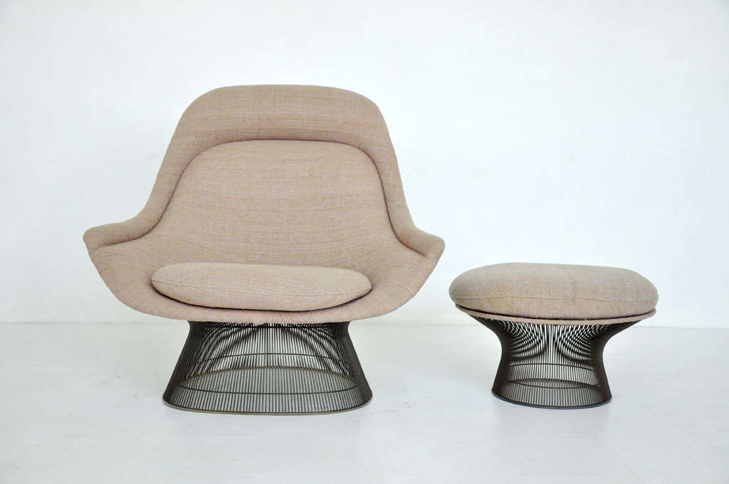 Lounge chair with ottoman by Warren Platner for Knoll.  Sculptural wire frame in bronze.