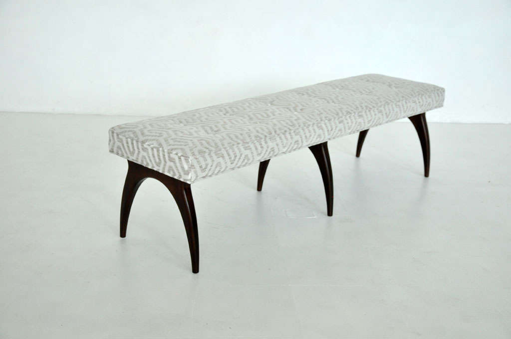 Sculptural form bench by Bertha Schaefer for M. Singer & Sons.  Walnut base with new patterned velvet upholstery.