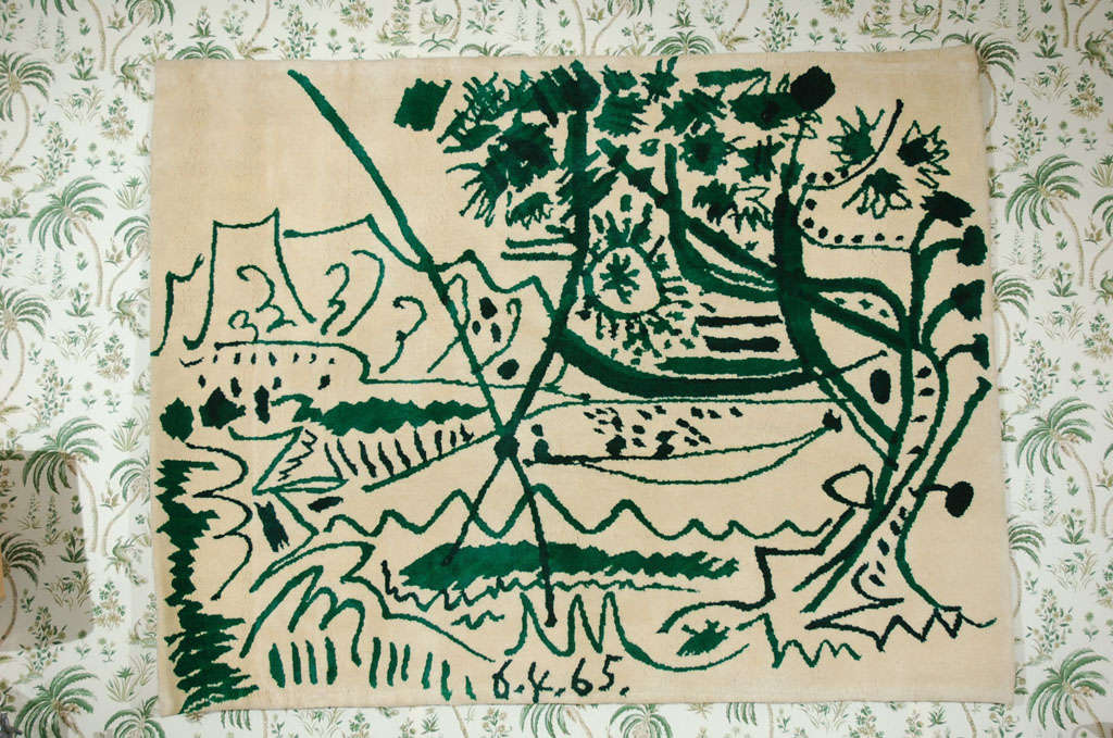 This tapestry was consigned as part of a small series by the Slatkin Galleries on E. 92nd Street in NY in 1965 authorized by Pablo Picasso. Charles Slatkin made tapestries as multiples for several prominent artists in the 1960's. They are considered