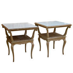 Pair of Bleached 2-Tier End Tables with Milk Glass Tops