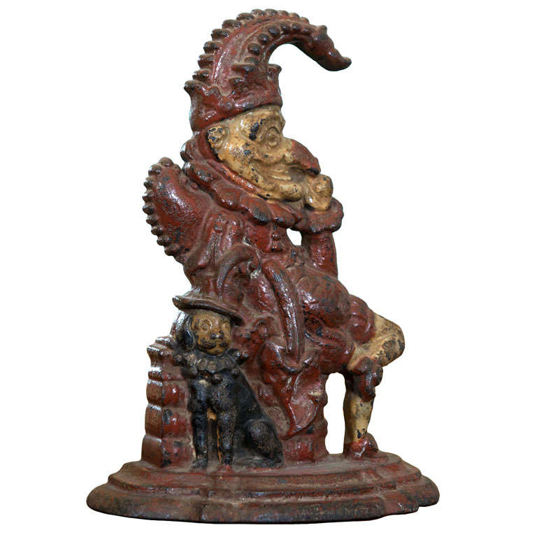 Painted Cast Iron Door Stop depicting Punch and his dog, Toby For Sale
