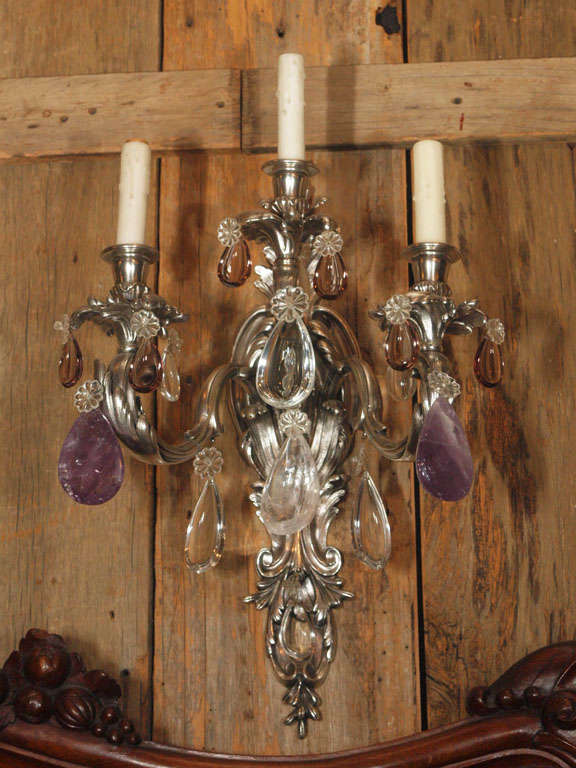 Pair of Louis XV Silver on Bronze and Rock Crystal Sconces