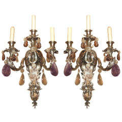Antique Pair of Louis XV Silver on Bronze and Rock Crystal Sconces