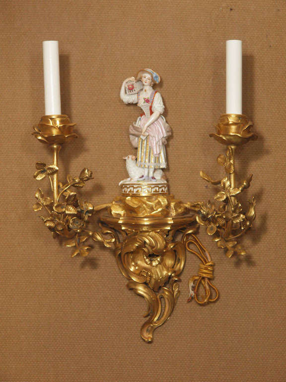 Pair of Antique Rare Meissen Figurine Ormolu Bracket Sconces