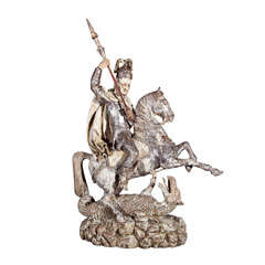 Carved Wood /silver Gilt/painted Saint George And The Dragon