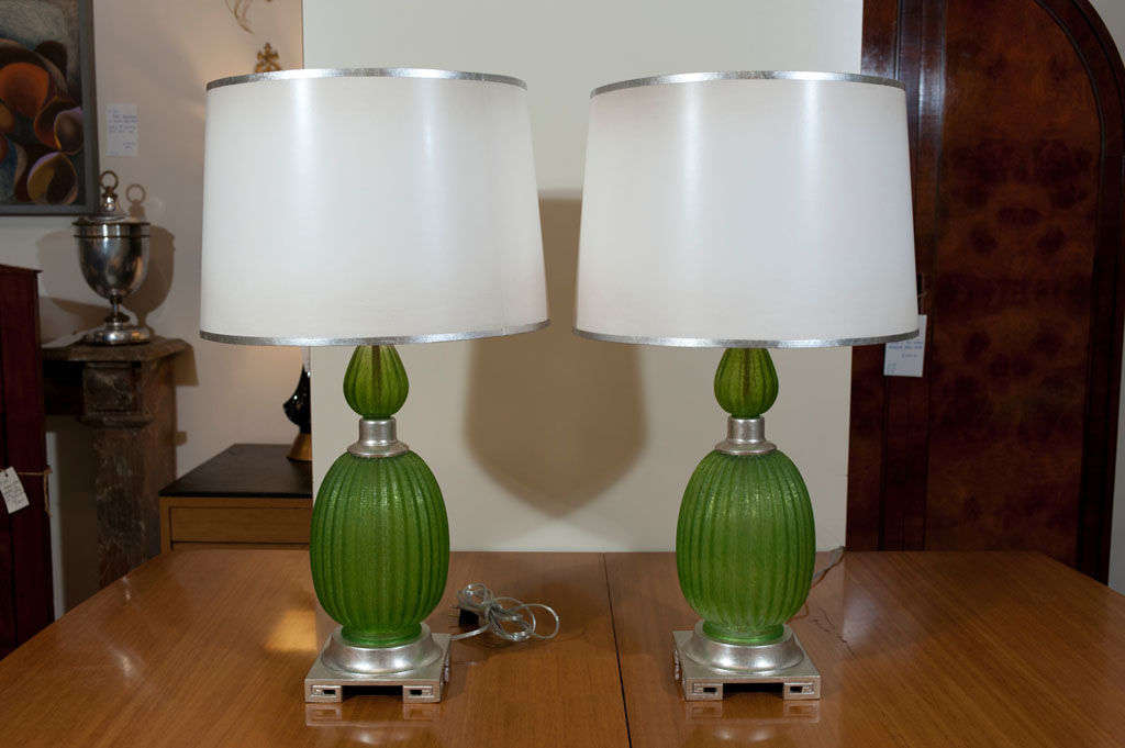 Pair of green glass table lamps