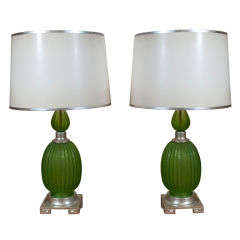 Pair of green glass table lamps