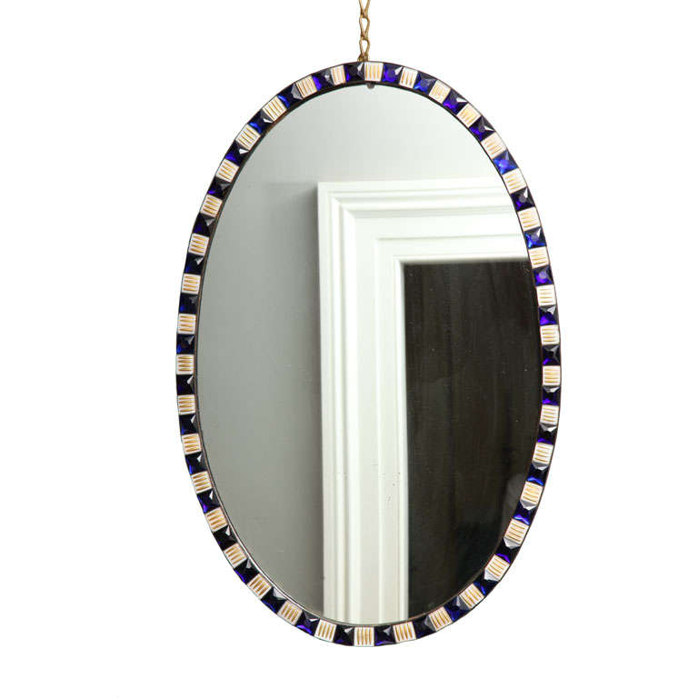 Oval Irish Mirror with Faceted Blue and White Enameled Jewels, circa