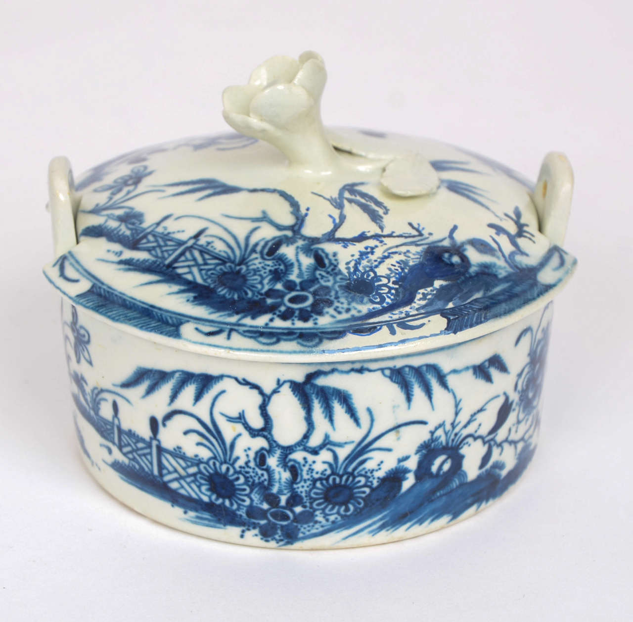 British Rare, First Period, Worcester Blue and White, Porcelain Butter Tub, Fence Pat'n