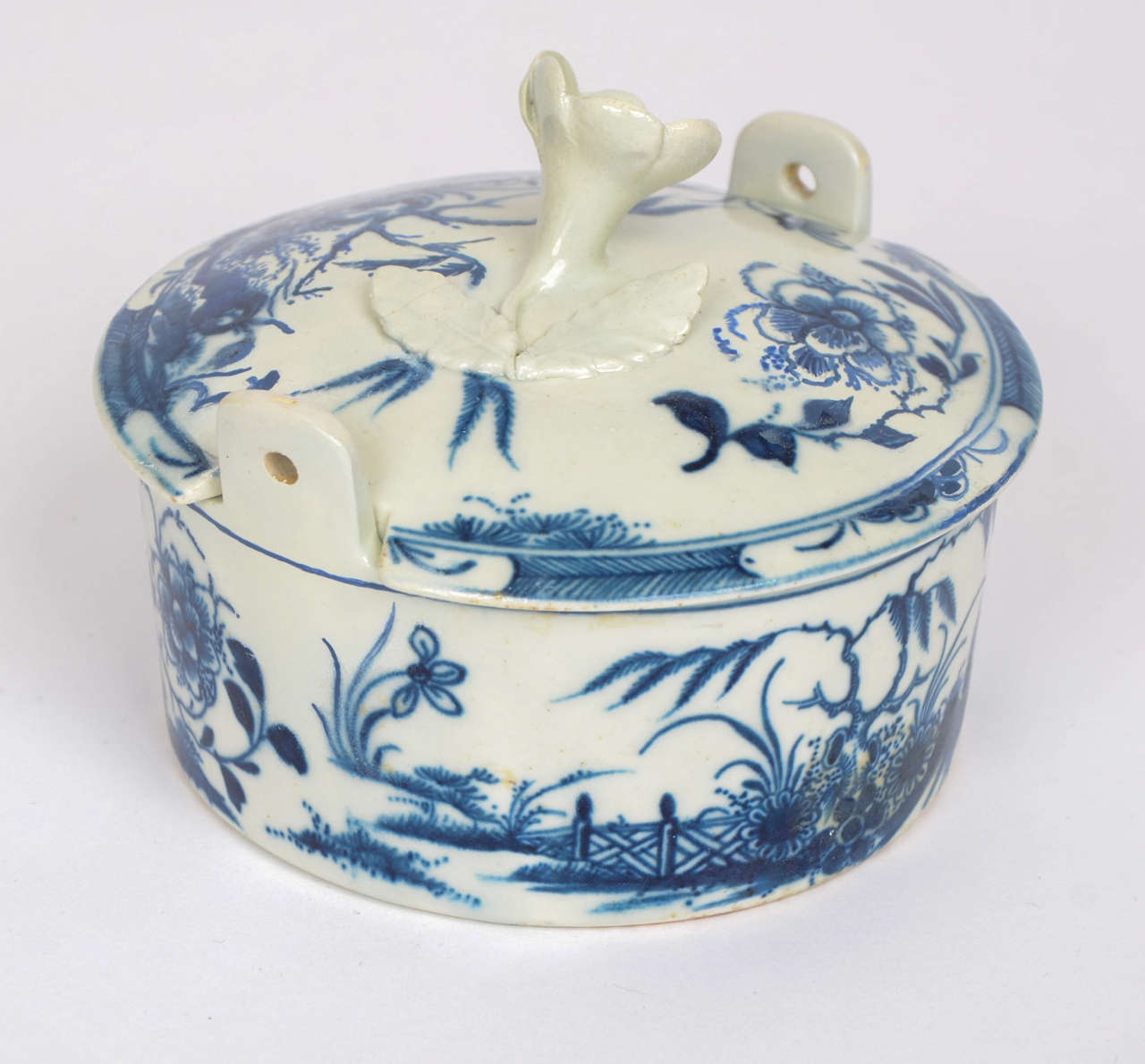 Glazed Rare, First Period, Worcester Blue and White, Porcelain Butter Tub, Fence Pat'n