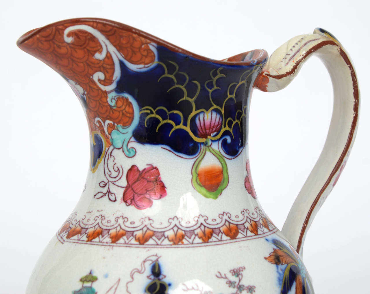 Hand-Painted Early 19thC. Staffordshire, Pottery JUG or PITCHER, Mask Head Handle, ca.1830