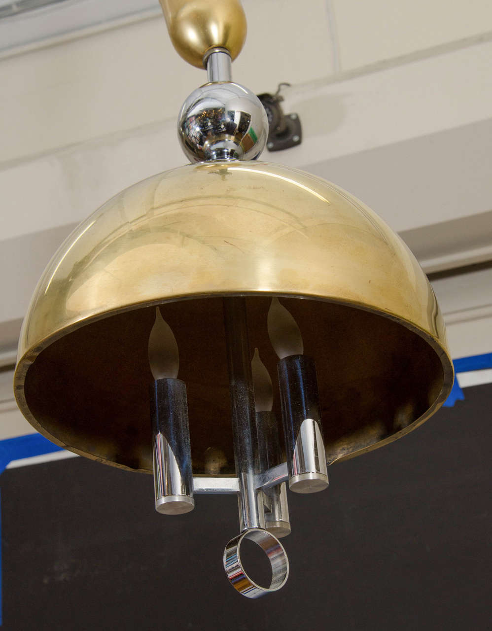 Midcentury Brass and Chrome Dome Pendant For Sale 1