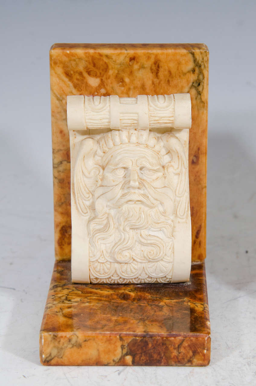 Pair of Art Deco Era Alabaster Bookends with Male Faces In Good Condition In New York, NY