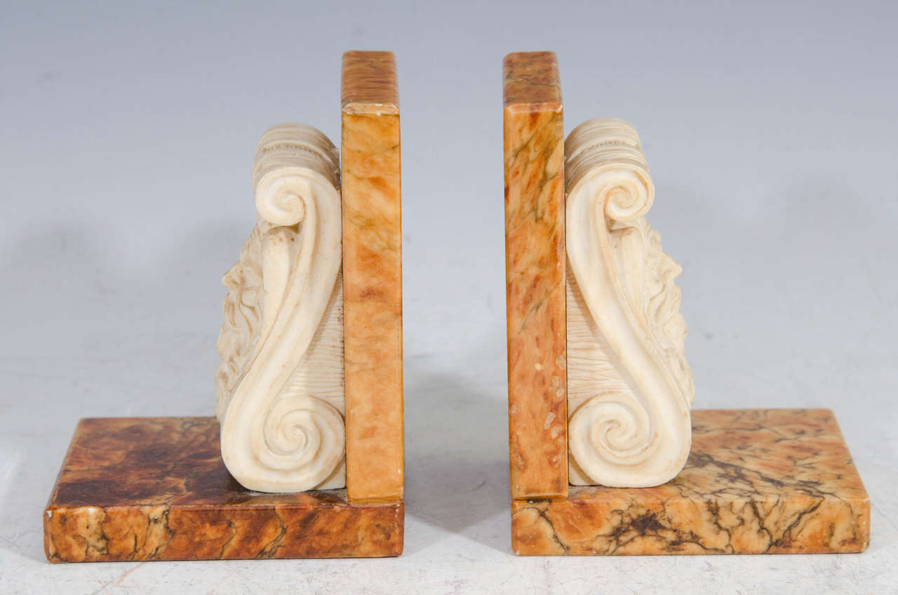 Pair of Art Deco Era Alabaster Bookends with Male Faces 1